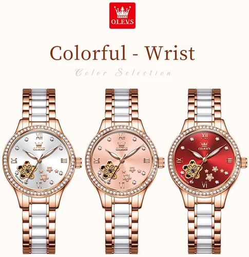 Miniatura 5 de OLEVS Relojes para mujer, reloj automático de lujo, correa de cerámica, oro rosa, reloj de pulsera para mujer