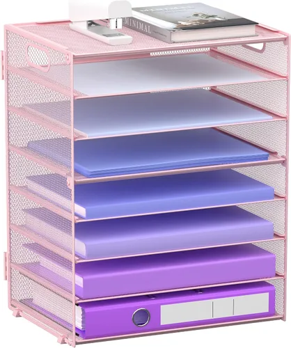 Miniatura 10 de Organizador de bandejas de papel de 8 niveles con asas, organizador de archivos de escritorio de malla para oficina, escuela, escritorio