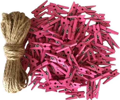Miniatura 6 de Alfileres de ropa en miniatura para manualidades, adornos de decoración de Navidad, clips pequeños con cordel de yute rosa, paquete de 100