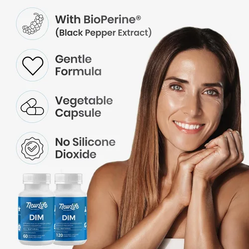Miniatura 5 de NewLife Naturals Suplemento DIM de 300 mg, mujeres y hombres, acné hormonal y equilibrio, estrógeno, apoyo para la menopausia - Suministro para 120
