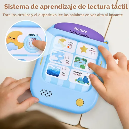 Miniatura 2 de JoyCat Tableta de aprendizaje bilingüe para niños, 106 páginas en español e inglés con 20 juegos interactivos, juguete Montessori para alfabeto