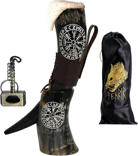 FENRIR Cuerno vikingo para beber con soporte 16 oz – Regalos para hombres, papá, esposo – Taza natural de cuerno de buey con abrebotellas de Thor y