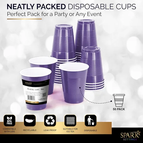Miniatura 5 de Amcrate Vasos desechables, vasos de plástico morados de 18 onzas, fuertes y resistentes para bodas, Navidad, Halloween, paquete de 50 Púrpura