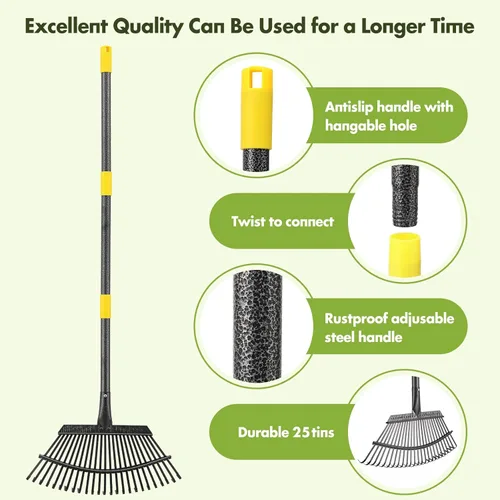 Miniatura 5 de INFLATION Rastrillo de jardín resistente para hojas para césped, 65 pulgadas de largo, 18 pulgadas de ancho, ajustable, 25 púas, rastrillo de hojas