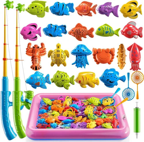 Miniatura 11 de TEMI Juego de pesca magnética para niños de 4 a 8 años, juguetes de peces para niños de 3 a 5 años, caña de pesca flotante para bañera, mesa de agua
