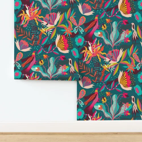 Miniatura 4 de Spoonflower Papel tapiz para despegar y pegar, flores brillantes de la selva florecen tropical, medianoche, exótico, papel tapiz extraíble
