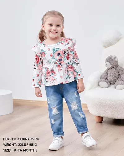Miniatura 2 de SANMIO Conjunto de ropa para niña, lindo conjunto de camiseta floral con mangas con volantes y pantalones de mezclilla rasgados