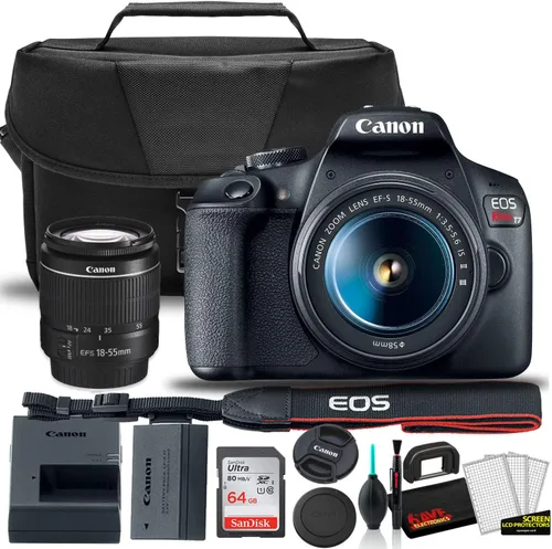 Canon EOS Rebel T7 - Cámara DSLR con lente de 18-55 mm, paquete inicial + Incluye: bolsa de hombro + tarjeta de 64 GB + kit de limpieza y cuidado +