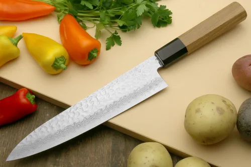 Miniatura 3 de Yoshihiro VG-10 Cuchillo de chef japonés Gyuto de Damasco martillado de 46 capas (mango de ambrosía octogonal) (7 pulgadas (7.087 in)