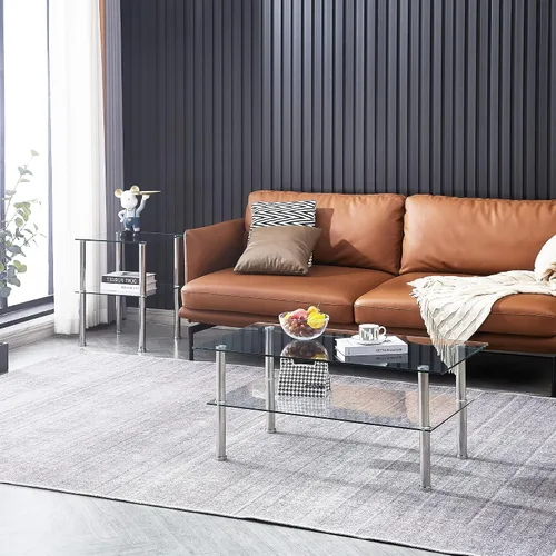 Miniatura 3 de Mesa de centro de cristal con patas de vidrio moderna pequeña mesa de centro para sala de estar (GC)