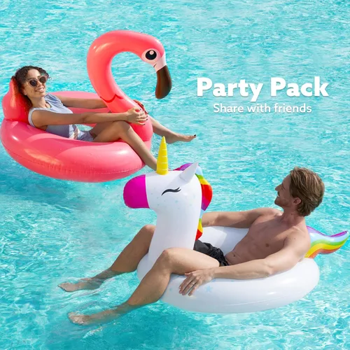 Miniatura 4 de SLOOSH Paquete de 2 flotadores inflables de flamenco de unicornio para piscina, decoraciones de fiesta de natación, divertidos flotadores, tubos