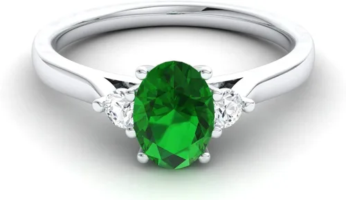 Miniatura 2 de Anillo de compromiso de diamantes y esmeralda de corte ovalado sintético con certificación Diamondere en plata de ley Anillo de tres piedras