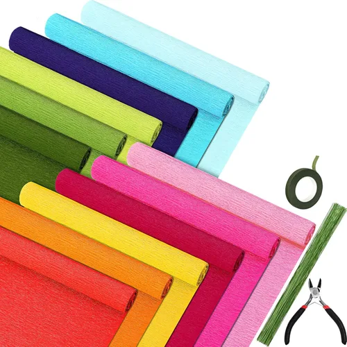 Miniatura 8 de Leinuosen Juego de 65 piezas de papel crepé de flores para bricolaje, 12 rollos de 10 x 98 pulgadas, 100 hilos de hierro floral, 1 cortador