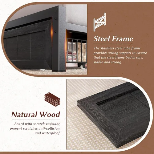 Miniatura 9 de EnHomee Marco de cama King de metal con 2 cajones de almacenamiento, cabecera de madera con iluminación LED y estación de carga, dormitorio, Negro