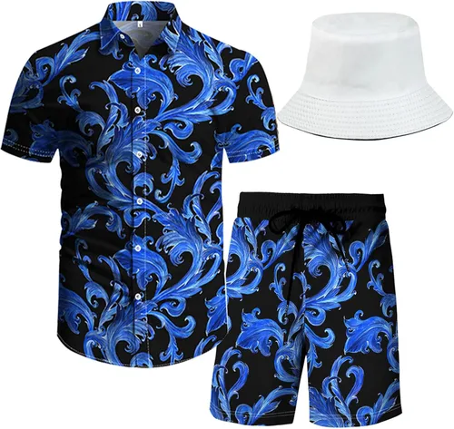 Miniatura 23 de RPOVIG Conjunto de playa a juego con camisas y pantalones cortos para hombre, ropa floral hawaiana para festival, conjuntos de 2 piezas con sombrero
