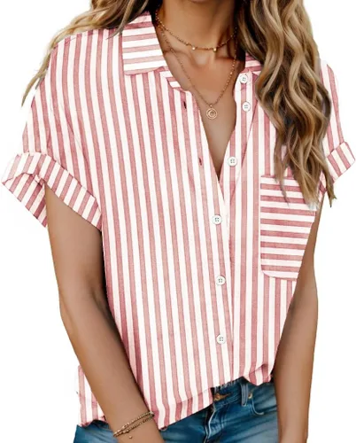 Miniatura 22 de HOTOUCH Camisas de Lino para Mujer con Botones Blusas de Manga Corta de Algodón Cuello en V con Cuello Tops de Gasa con Botones S-3XL