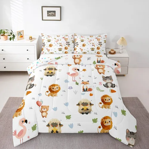 Miniatura 9 de Feelyou Juego de edredón de animales de zoológico, tamaño individual, juego de ropa de cama de animales de dibujos animados para niños, niñas