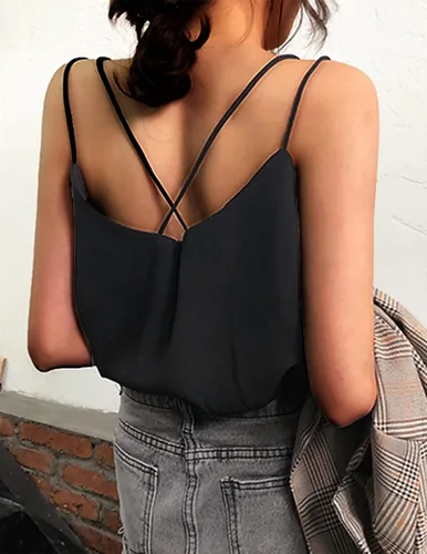 Miniatura 4 de Ekouaer Paquete de 2 camisolas de satén de seda para mujer, cuello en V, sexy, espalda cruzada, tirantes delgados, camisola sin mangas