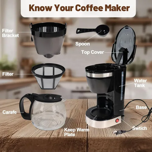 Miniatura 4 de Cafetera de goteo de 10 tazas, cafetera antigoteo de un solo toque con jarra de filtro reutilizable, para mantener el calor, cuchara, cafetera
