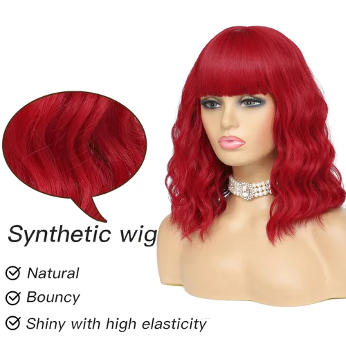 Miniatura 2 de Peluca corta ondulada con flequillo, peluca roja para mujer, peluca sintética rizada estilo Bob, peluca de fibra resistente al calor de aspecto