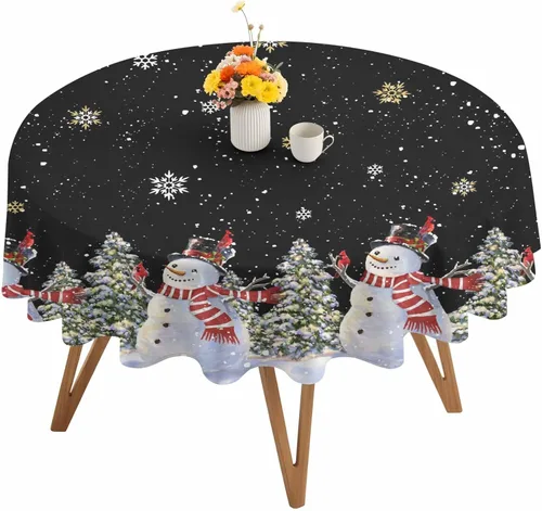 Miniatura 2 de Mantel redondo negro de Navidad, impermeable y resistente a las manchas, mantel lavable sin arrugas para comedor, fiesta, boda, muñeco de nieve