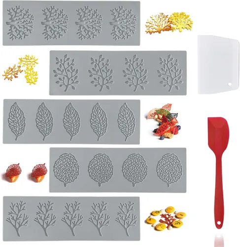7 moldes de silicona para fondant de hojas con espátula de silicona raspador de masa, moldes de chocolate con hojas de rama de coral 3D, horneado de