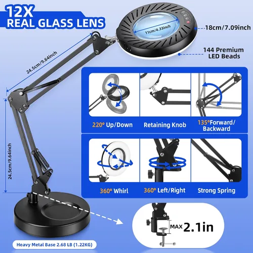 Miniatura 7 de Akynite 12 lupas con luz y soporte, lámpara de escritorio con lupa de cristal real de 144 LED con base y abrazadera, 5 modos de color, lupa