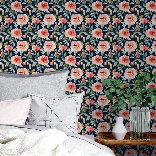 Miniatura 4 de Papel tapiz floral con fondo azul marino, autoadhesivo, extraíble, acuarela, flores, vinilo, papel de pared para estantería, encimera, decoración