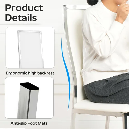 Miniatura 3 de Juego de 4 sillas de comedor modernas - Piel sintética blanca con patas de metal cromado plateado, diseño de respaldo alto curvo y acolchado tipo