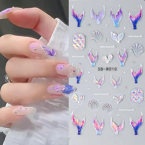 Miniatura 4 de Calcomanías de uñas de cola de sirena de ensueño 5D, calcomanías de uñas de verano 5D en relieve láser de sirena, calcomanías de arte de uñas de ola