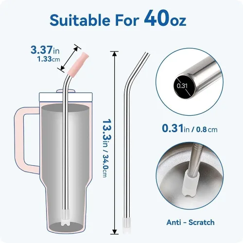 Miniatura 8 de Pajitas de metal dobladas para vaso Stanley de 40 onzas, paquete de 3 popotes reutilizables de acero inoxidable con puntas de silicona y cepillo