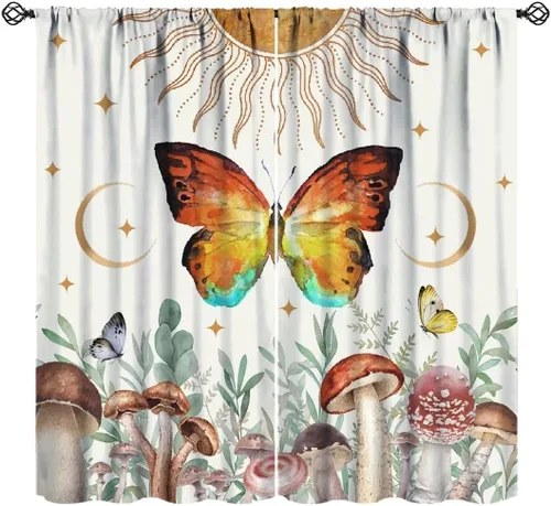 Cortinas opacas con diseño de hongos y mariposas, cortinas opacas estilo bohemio, diseño gótico retro, polilla gótica, plantas botánicas vintage,