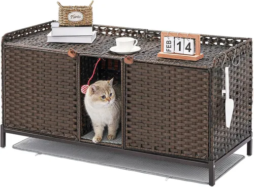 Miniatura 13 de SETVSON Mueble Caja de Arena para Gatos, Caja de Arena Oculta de Ratán Tejido a Mano con Alfombrilla, Casa Grande para Gatos con Patas Elevadas