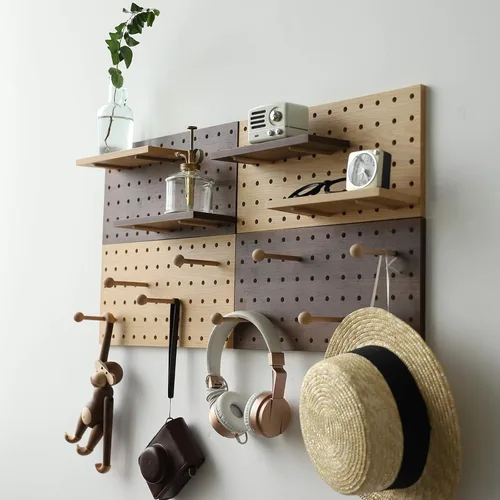 Miniatura 5 de Tablero de Clavijas de Madera Modular para Exhibición Organización Almacenamiento Ganchos de Pared Estante (Color: Roble)