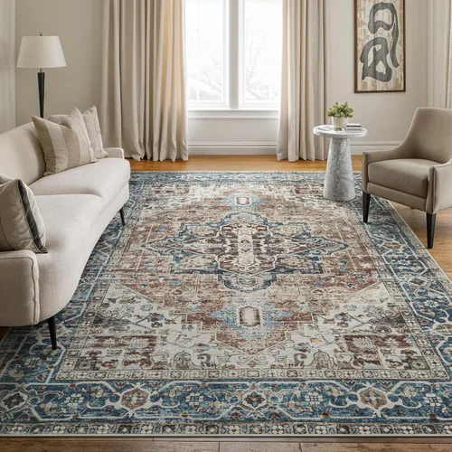 Miniatura 24 de Bloom Rugs Alfombra lavable antideslizante de 2 x 3 pies, color azul/verde/mandarina, alfombra tradicional oriental para sala de estar, dormitorio