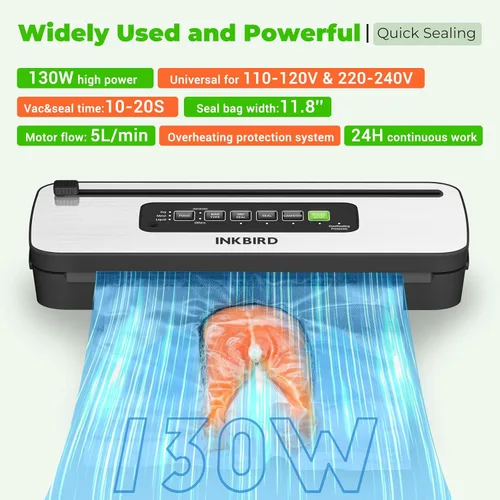Miniatura 4 de Máquina selladora al vacío, INKBIRD potente de 130W de alta potencia con modos de 6 alimentos líquidos/húmedos/secos, sistema compacto de Negro