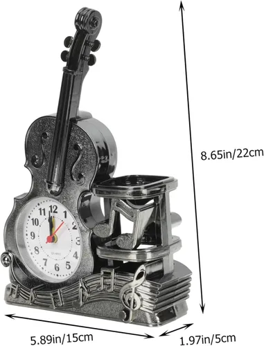 Miniatura 3 de BESTOYARD Reloj despertador de violín con soporte para bolígrafo, reloj de mesa analógico alimentado por batería, 8.66 x 5.90 x 1.96 pulgadas, 5.85