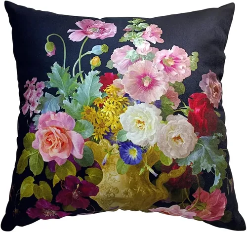 Funda de cojín floral ligera de lujo, 18 x 18 pulgadas, pintura al óleo retro victoriana de doble cara, fondo negro, flor vibrante, funda de cojín
