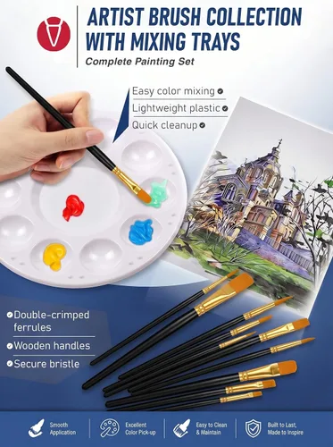 Miniatura 4 de Juego de pinceles y paletas de pintura de DUGATO, 2 paquetes/20 pinceles de punta redonda de pelo de nailon con 5 bandejas de pintura para pintura
