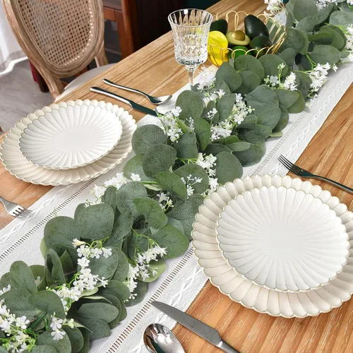 Miniatura 4 de KHOYIME Guirnalda de Eucalipto con Flores Blancas, 4 Paquetes 5.9 Pies Hojas de Eucalipto Dólar de Plata Artificial Planta Vegetación Falsa 4 piezas