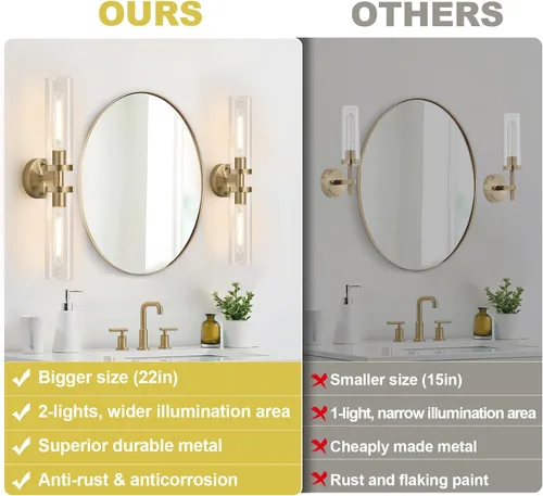 Miniatura 2 de Juego de 2 apliques de pared de latón con cable para baño, iluminación de pared con vidrio transparente, apliques modernos para decoración de pared
