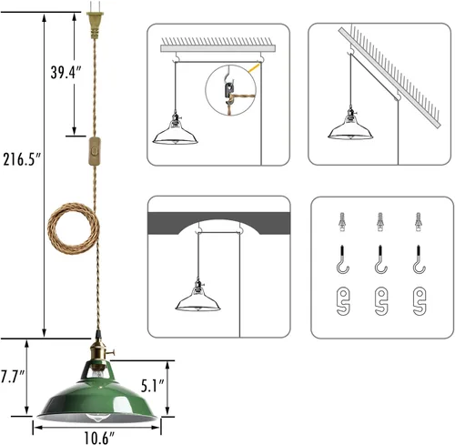 Miniatura 3 de YUBOLE Lámpara Colgante Verde Moderna con Enchufe, Iluminación Colgante Swag de Macarons para Cocina, Pantalla de Granero de Metal con Interruptor
