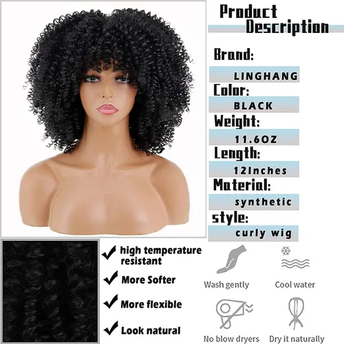 Miniatura 2 de Pelucas rizadas negras para mujeres negras, peluca afro corta negra rizada con flequillo, pelucas sintéticas resistentes al calor, pelucas negras