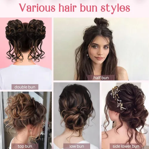 Miniatura 4 de HOOJIH 2 piezas de moño despeinado, recogido despeinado con mechones, extensiones de moño de cabello ondulado rizado, envoltorio de cabello, cola
