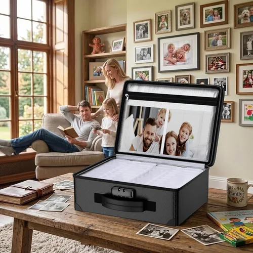 Miniatura 9 de ENGPOW Caja de almacenamiento de fotos ignífuga de 5200 °F con 16 fundas interiores de 4 x 6 pulgadas (transparente), organizador de fotos