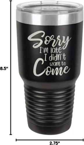 Miniatura 10 de Sorry I'M LATE I DIDN'T WANT TO COME Vaso negro de 30 onzas con popote y tapa superior deslizante Taza de viaje de acero inoxidable Comparar