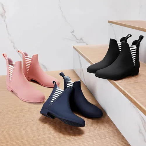 Miniatura 8 de Hsttgsr Botas de lluvia para mujer, cómodas botas de goma cortas antideslizantes, elegantes botines elásticos de tacón medio para jardín
