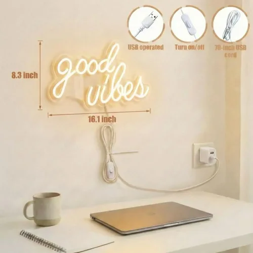 Miniatura 4 de DECANIT Letrero de neón blanco cálido Good Vibes, letreros de neón LED de 16.1" x 8.3" para decoración de pared, luces de neón estéticas alimentadas