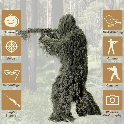 Miniatura 8 de DoCred Traje Ghillie 5 en 1, ropa de caza de camuflaje 3D con chaqueta, pantalones, capucha, bolsa de transporte para adultos/jóvenes, S/M/L/XL/XXL