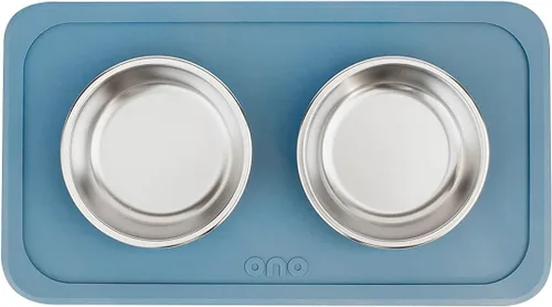Miniatura 3 de Ono Good Bowl - Comedero doble para alimentos y agua, tapete de silicona antideslizante para mascotas pequeñas a medianas y cuencos de acero azul